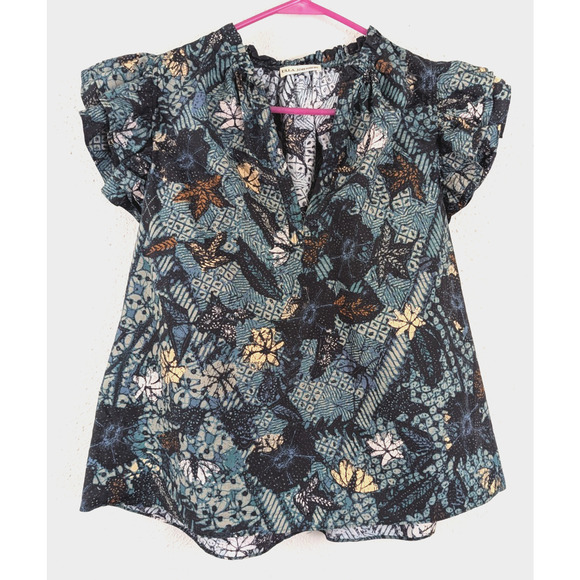 Ulla Johnson sz 8 Elena Floral Batik Print Blouse split neck ruffle details 1935 - Picture 1 of 6